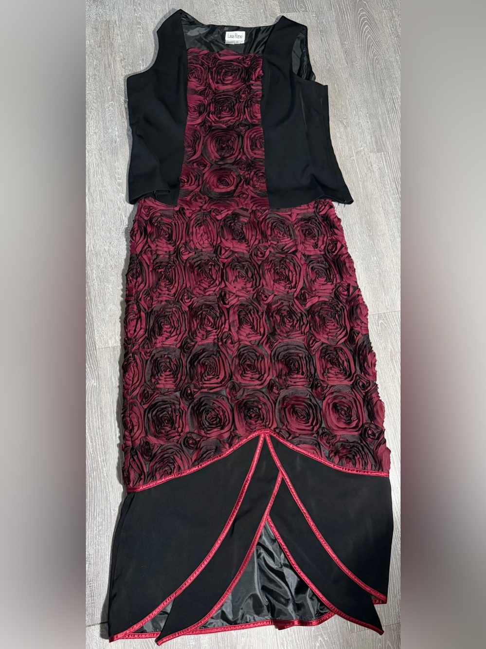 Lela Rose Burgundy Rose-Embellished Midi Dress with Black Panels